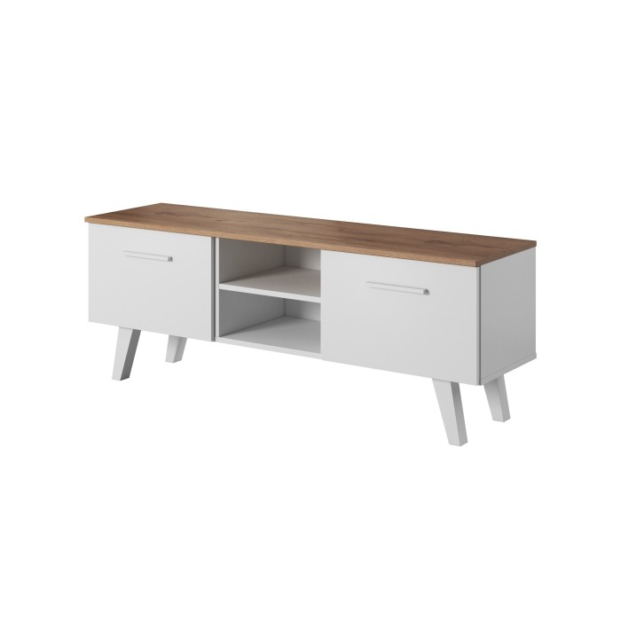 Meuble TV design EST, 140cm, 2 portes et 2 niches, coloris blanc et chêne.