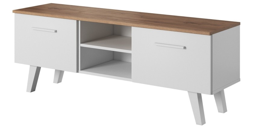 Meuble TV design EST, 140cm, 2 portes et 2 niches, coloris blanc et chêne.