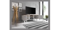 Meuble TV design EST, 140cm, 2 portes et 2 niches, coloris blanc et chêne.