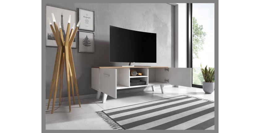 Meuble TV design EST, 140cm, 2 portes et 2 niches, coloris blanc et chêne.