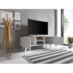 Meuble TV design EST, 140cm, 2 portes et 2 niches, coloris blanc et chêne.