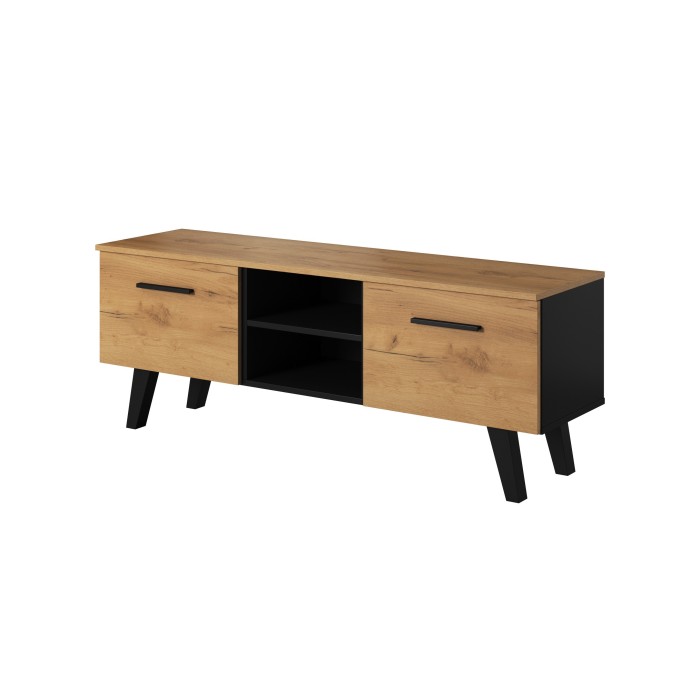 Meuble TV industriel EST, 140cm, 2 portes et 2 niches, coloris noir et chêne.