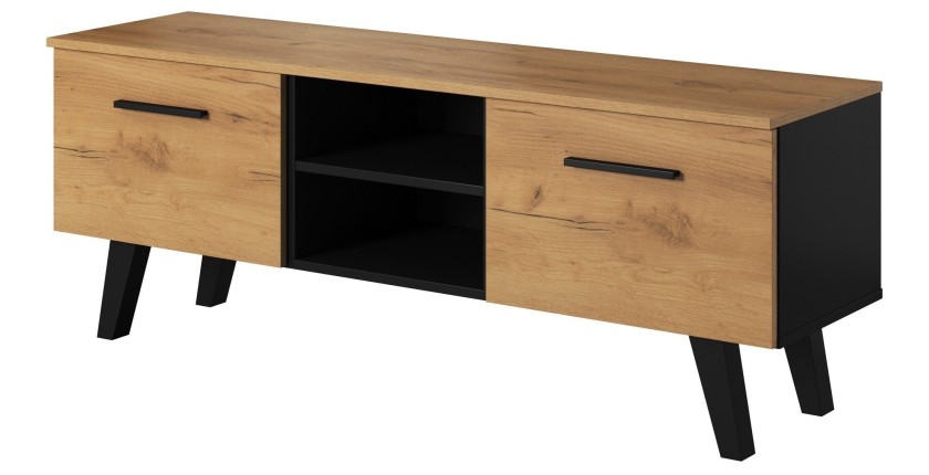 Meuble TV industriel EST, 140cm, 2 portes et 2 niches, coloris noir et chêne.