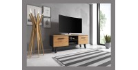 Meuble TV industriel EST, 140cm, 2 portes et 2 niches, coloris noir et chêne.