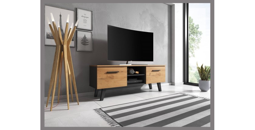 Meuble TV industriel EST, 140cm, 2 portes et 2 niches, coloris noir et chêne.