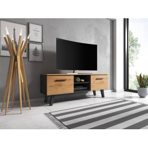 Meuble TV industriel EST, 140cm, 2 portes et 2 niches, coloris noir et chêne.