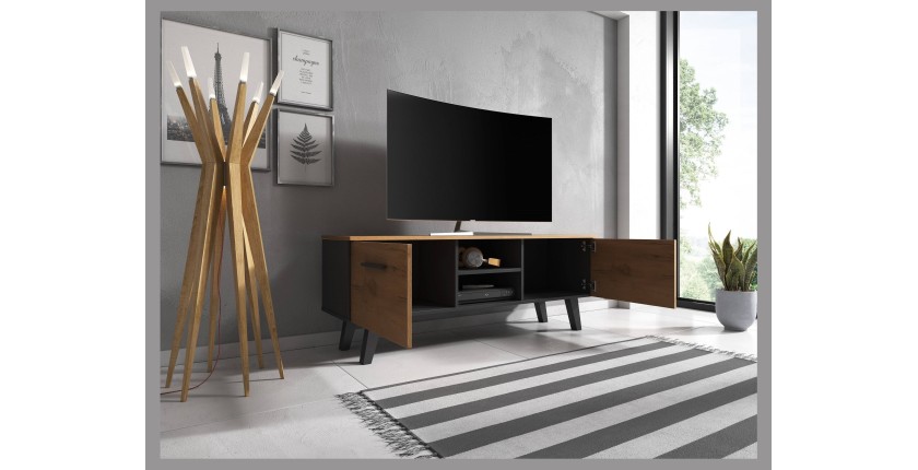 Meuble TV industriel EST, 140cm, 2 portes et 2 niches, coloris noir et chêne.