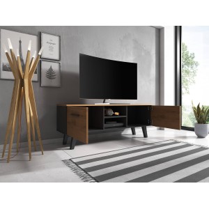 Meuble TV industriel EST, 140cm, 2 portes et 2 niches, coloris noir et chêne.