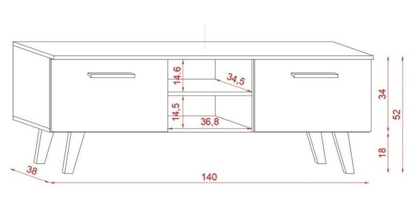 Meuble TV industriel EST, 140cm, 2 portes et 2 niches, coloris noir et chêne.