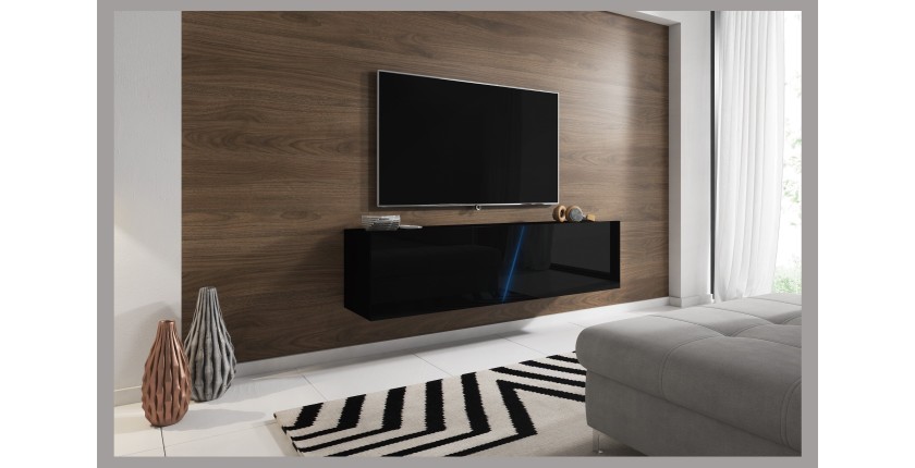 Meuble TV suspendu design SPEED, 160 cm, 1 porte, coloris noir avec LED intégrée.