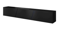 Meuble TV design SPEED, 240 cm, 1 porte et 3 espaces de rangement, coloris noir et noir brillant + LED