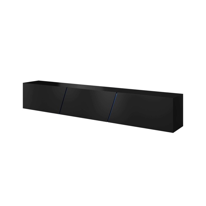 Meuble TV design SPEED, 240 cm, 1 porte et 3 espaces de rangement, coloris noir et noir brillant + LED