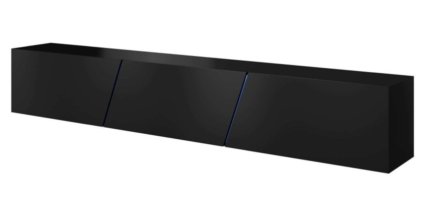 Meuble TV design SPEED, 240 cm, 1 porte et 3 espaces de rangement, coloris noir et noir brillant + LED