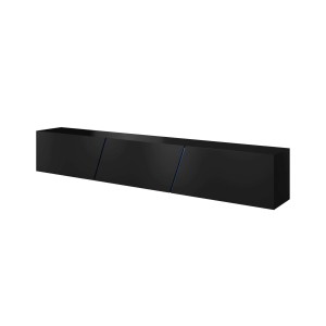 Meuble TV design SPEED, 240 cm, 1 porte et 3 espaces de rangement, coloris noir et noir brillant + LED