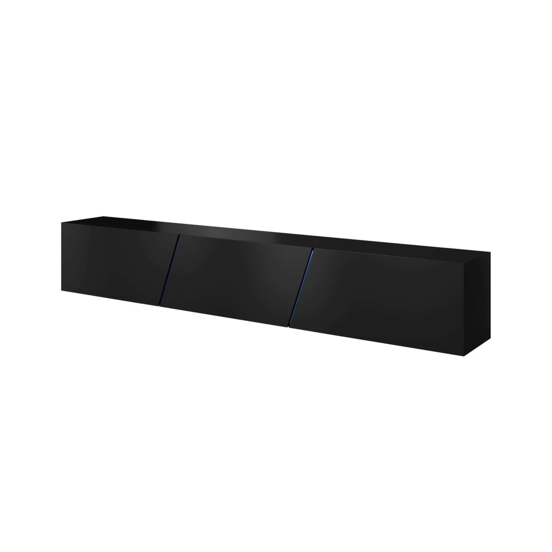 Meuble TV design SPEED, 240 cm, 1 porte et 3 espaces de rangement, coloris noir et noir brillant + LED
