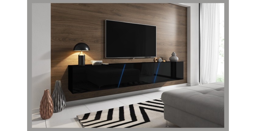 Meuble TV design SPEED, 240 cm, 1 porte et 3 espaces de rangement, coloris noir et noir brillant + LED