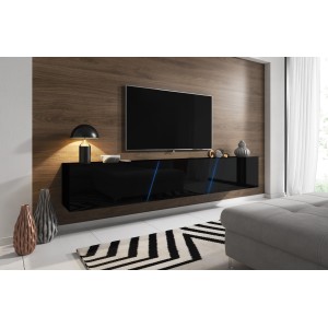 Meuble TV design SPEED, 240 cm, 1 porte et 3 espaces de rangement, coloris noir et noir brillant + LED