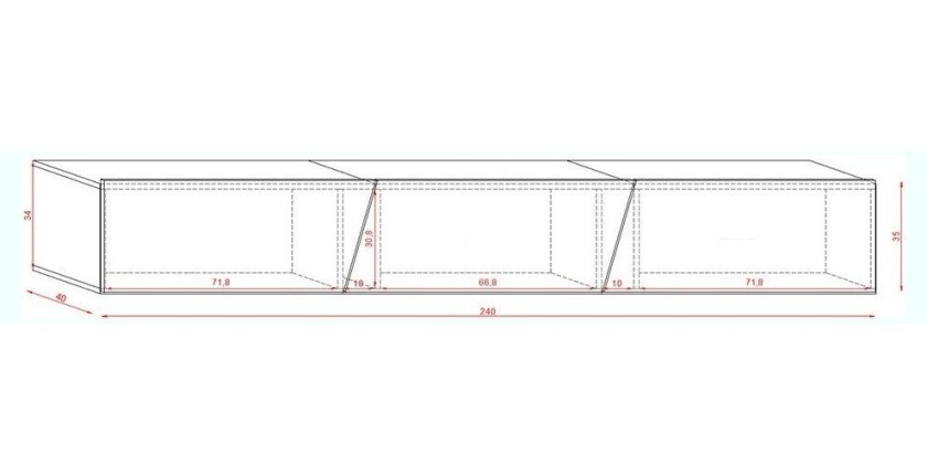 Meuble TV design SPEED, 240 cm, 1 porte et 3 espaces de rangement, coloris noir et noir brillant + LED