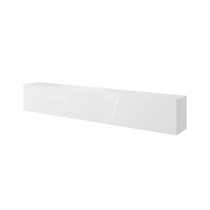 Meuble TV design SPEED, 240 cm, 1 porte et 3 espaces de rangement, coloris blanc et blanc brillant + LED