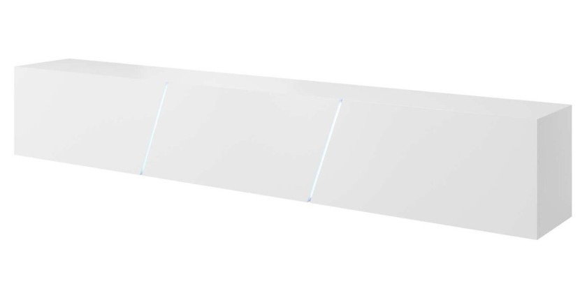 Meuble TV design SPEED, 240 cm, 1 porte et 3 espaces de rangement, coloris blanc et blanc brillant + LED