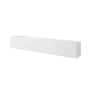 Meuble TV design SPEED, 240 cm, 1 porte et 3 espaces de rangement, coloris blanc et blanc brillant + LED