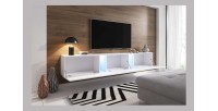 Meuble TV design SPEED, 240 cm, 1 porte et 3 espaces de rangement, coloris blanc et blanc brillant + LED