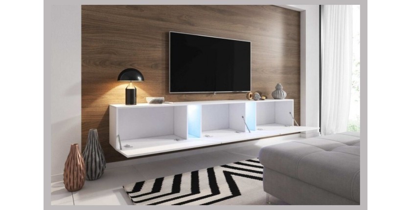 Meuble TV design SPEED, 240 cm, 1 porte et 3 espaces de rangement, coloris blanc et blanc brillant + LED