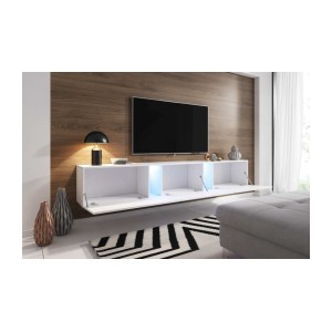 Meuble TV design SPEED, 240 cm, 1 porte et 3 espaces de rangement, coloris blanc et blanc brillant + LED