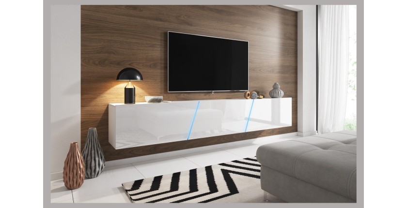 Meuble TV design SPEED, 240 cm, 1 porte et 3 espaces de rangement, coloris blanc et blanc brillant + LED