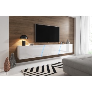 Meuble TV design SPEED, 240 cm, 1 porte et 3 espaces de rangement, coloris blanc et blanc brillant + LED