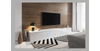 Meuble TV design SPEED, 240 cm, 1 porte et 3 espaces de rangement, coloris blanc et blanc brillant + LED