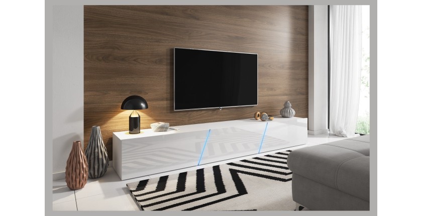 Meuble TV design SPEED, 240 cm, 1 porte et 3 espaces de rangement, coloris blanc et blanc brillant + LED