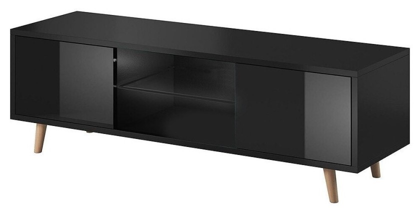 Meuble TV design EDEN 140 cm, 2 portes et 2 niches, coloris noir. Type scandinave.