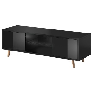 Meuble TV design EDEN 140 cm, 2 portes et 2 niches, coloris noir. Type scandinave.