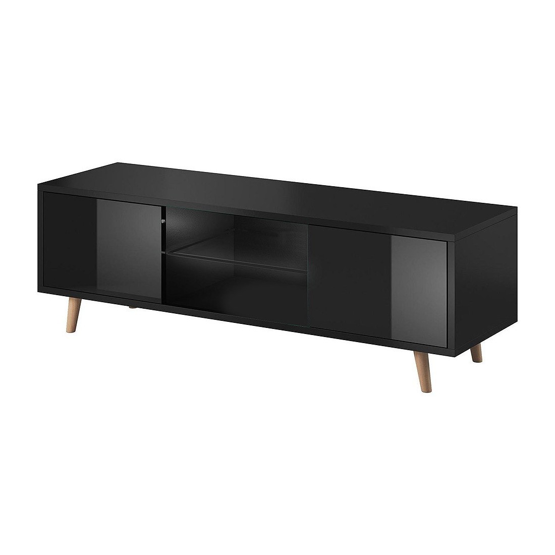 Meuble TV design EDEN 140 cm, 2 portes et 2 niches, coloris noir. Type scandinave.