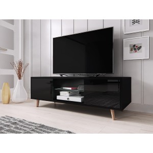 Meuble TV design EDEN 140 cm, 2 portes et 2 niches, coloris noir. Type scandinave.