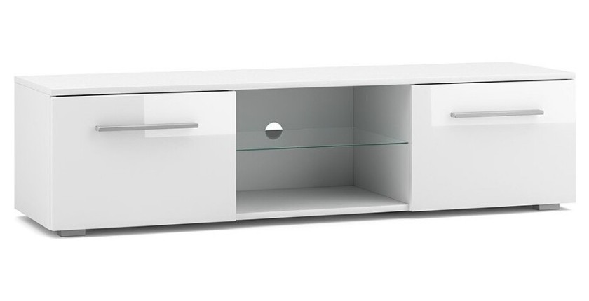 Meuble TV design LEON 140 cm. 2 portes et niche coloris blanc et blanc brillant
