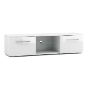 Meuble TV design LEON 140 cm. 2 portes et niche coloris blanc et blanc brillant