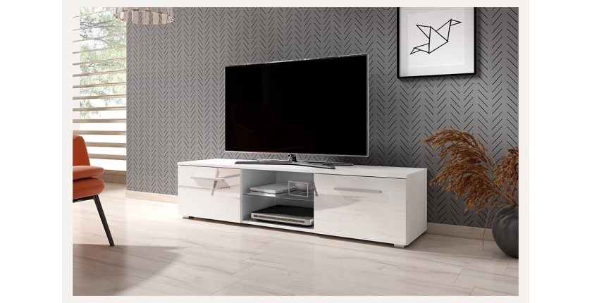 Meuble TV design LEON 140 cm. 2 portes et niche coloris blanc et blanc brillant