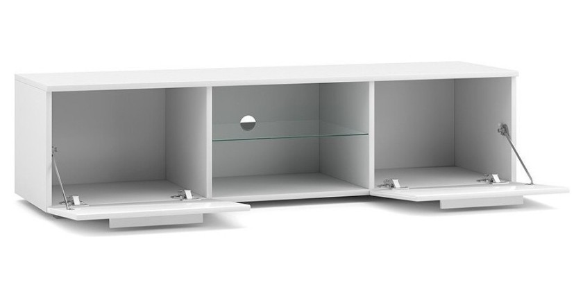 Meuble TV design LEON 140 cm. 2 portes et niche coloris blanc et blanc brillant