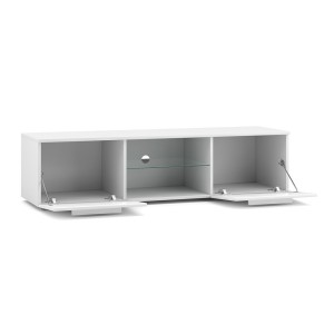 Meuble TV design LEON 140 cm. 2 portes et niche coloris blanc et blanc brillant