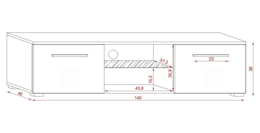 Meuble TV design LEON 140 cm. 2 portes et niche coloris blanc et blanc brillant