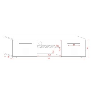 Meuble TV design LEON 140 cm. 2 portes et niche coloris blanc et blanc brillant