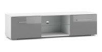 Meuble TV design LEON 140 cm. 2 portes et niche coloris blanc et gris brillant