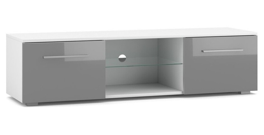 Meuble TV design LEON 140 cm. 2 portes et niche coloris blanc et gris brillant