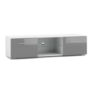 Meuble TV design LEON 140 cm. 2 portes et niche coloris blanc et gris brillant