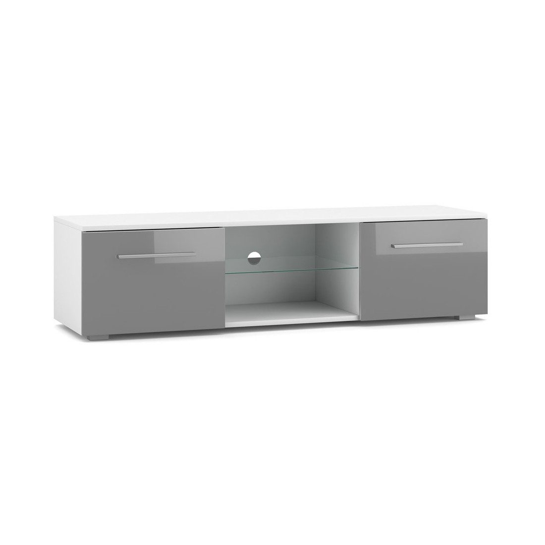 Meuble TV design LEON 140 cm. 2 portes et niche coloris blanc et gris brillant