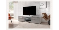 Meuble TV design LEON 140 cm. 2 portes et niche coloris blanc et gris brillant