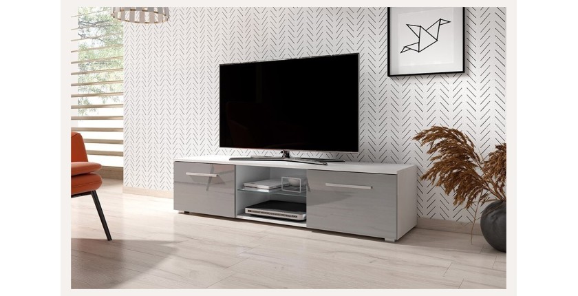 Meuble TV design LEON 140 cm. 2 portes et niche coloris blanc et gris brillant