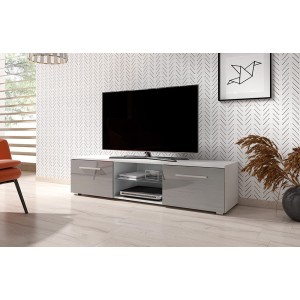Meuble TV design LEON 140 cm. 2 portes et niche coloris blanc et gris brillant